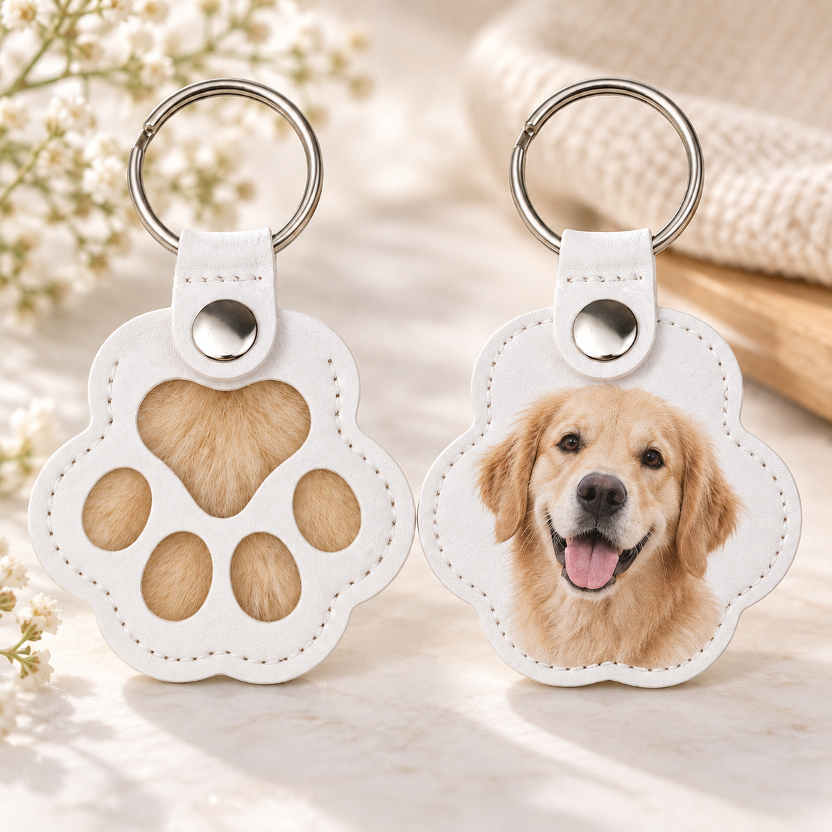 Personalized Pet Fur & Photo Memorial Paw Keychain