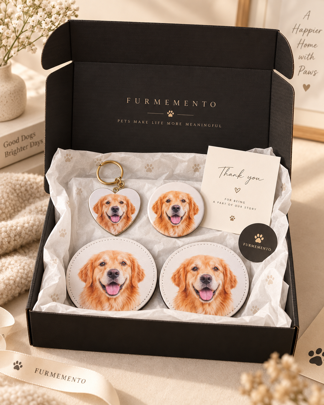 Personalized Pet Lover Gift Box – Keychain + Magnet + Coasters