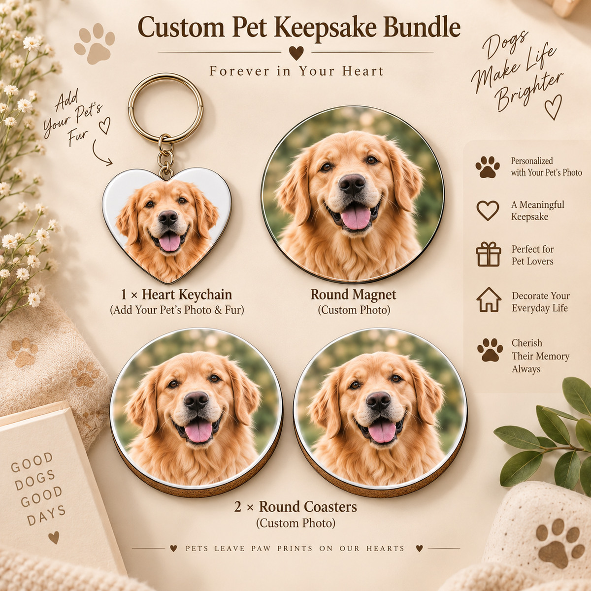 Personalized Pet Lover Gift Box – Keychain + Magnet + Coasters
