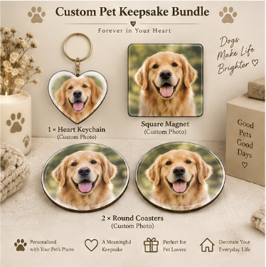 Personalized Pet Lover Gift Box – Keychain + Magnet + Coasters