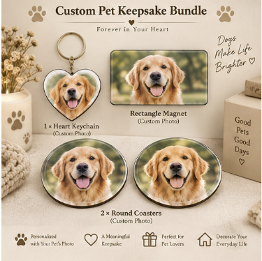Personalized Pet Lover Gift Box – Keychain + Magnet + Coasters