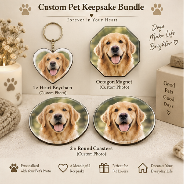 Personalized Pet Lover Gift Box – Keychain + Magnet + Coasters