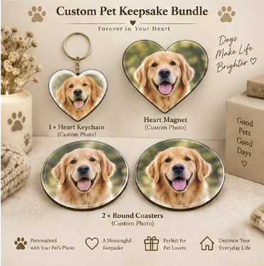 Personalized Pet Lover Gift Box – Keychain + Magnet + Coasters
