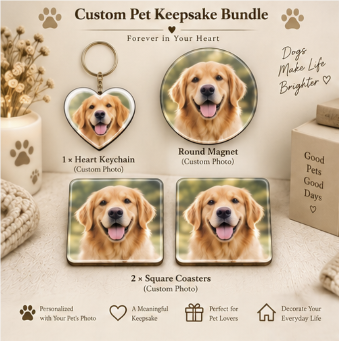 Personalized Pet Lover Gift Box – Keychain + Magnet + Coasters