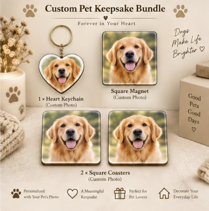 Personalized Pet Lover Gift Box – Keychain + Magnet + Coasters