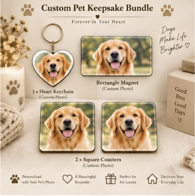 Personalized Pet Lover Gift Box – Keychain + Magnet + Coasters