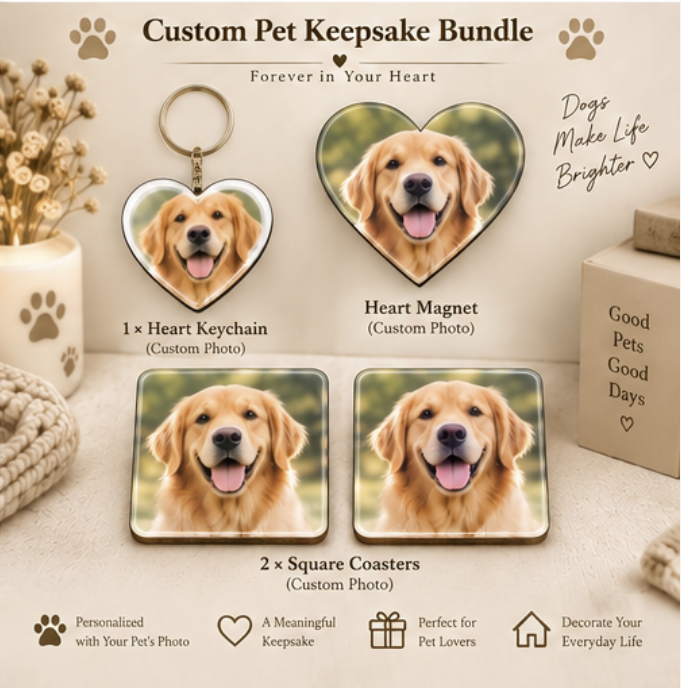 Personalized Pet Lover Gift Box – Keychain + Magnet + Coasters