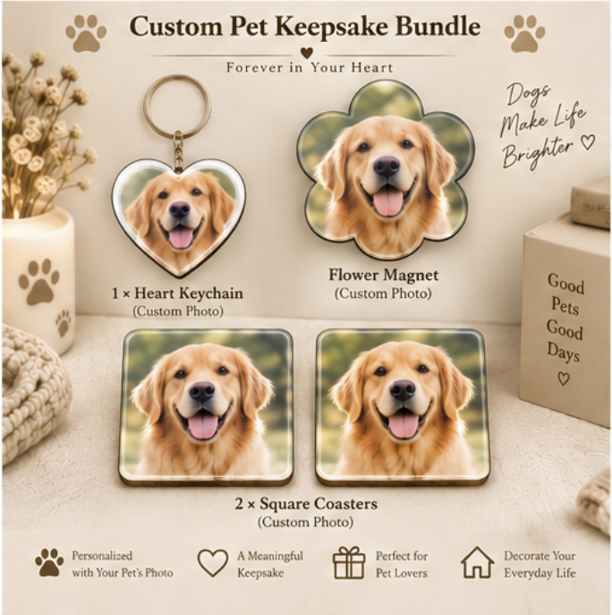 Personalized Pet Lover Gift Box – Keychain + Magnet + Coasters
