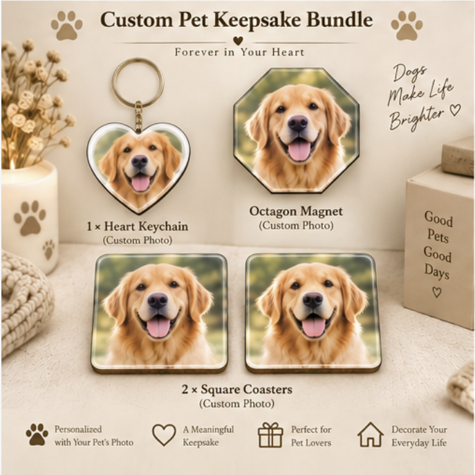 Personalized Pet Lover Gift Box – Keychain + Magnet + Coasters