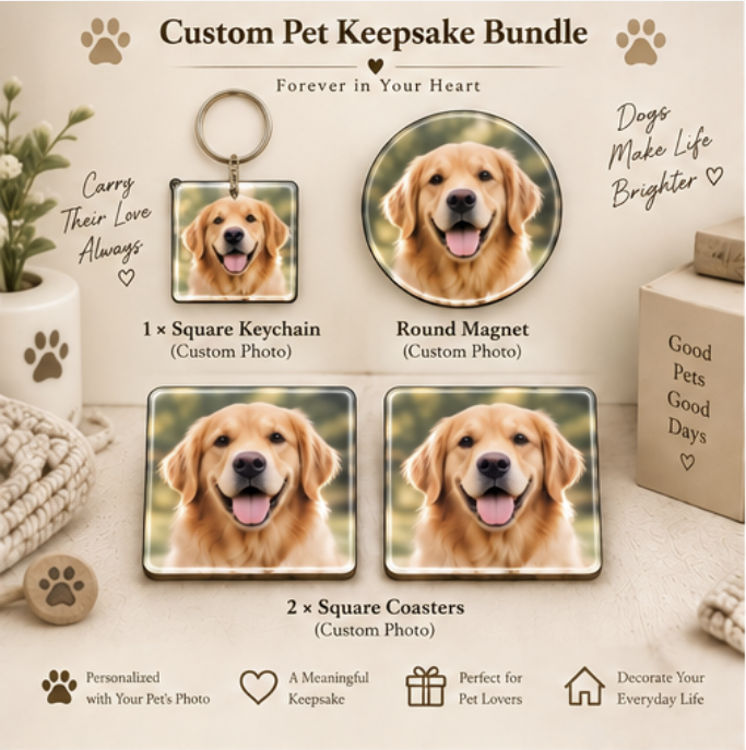 Personalized Pet Lover Gift Box – Keychain + Magnet + Coasters
