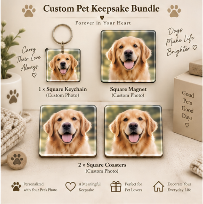 Personalized Pet Lover Gift Box – Keychain + Magnet + Coasters