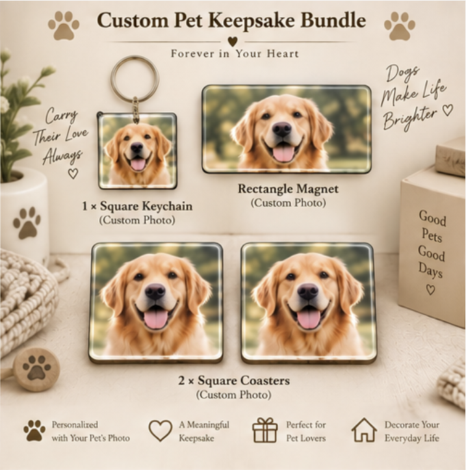Personalized Pet Lover Gift Box – Keychain + Magnet + Coasters