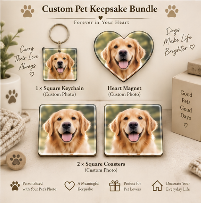 Personalized Pet Lover Gift Box – Keychain + Magnet + Coasters