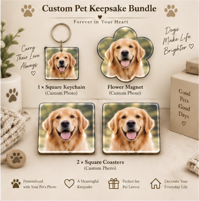 Personalized Pet Lover Gift Box – Keychain + Magnet + Coasters