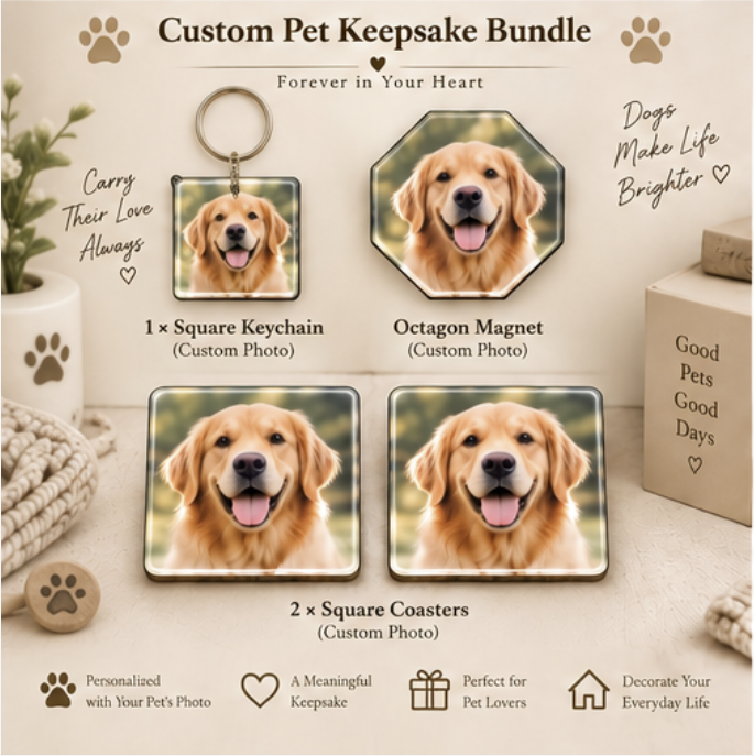 Personalized Pet Lover Gift Box – Keychain + Magnet + Coasters