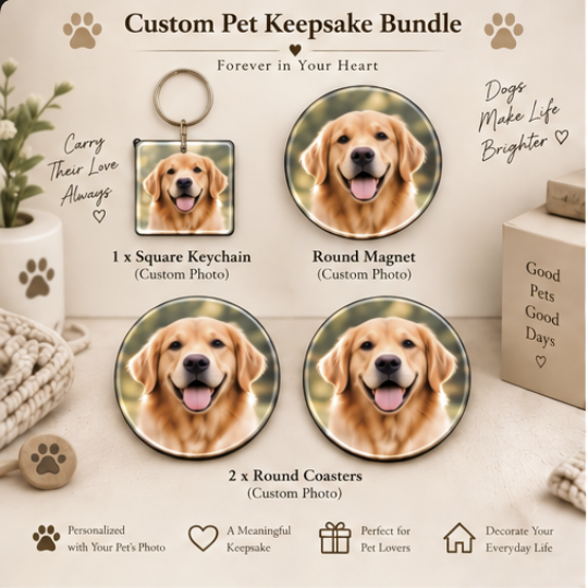 Personalized Pet Lover Gift Box – Keychain + Magnet + Coasters