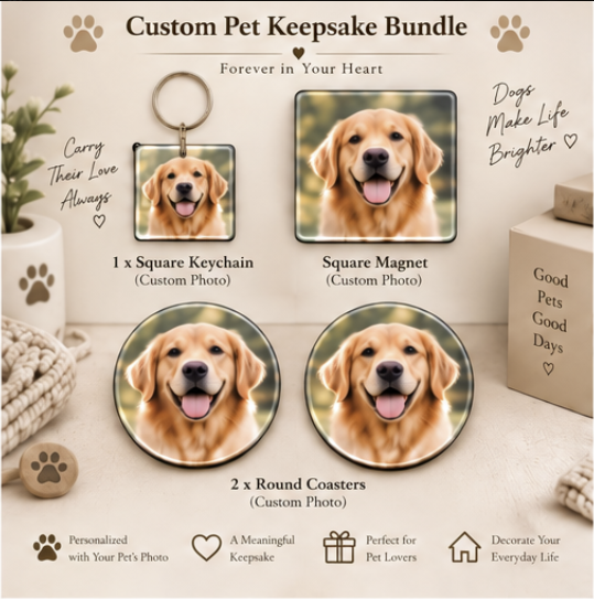 Personalized Pet Lover Gift Box – Keychain + Magnet + Coasters