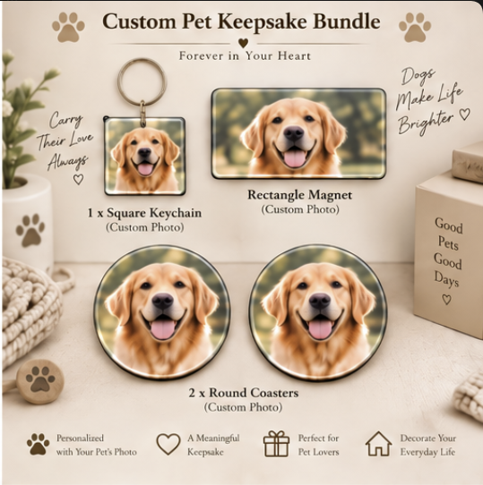 Personalized Pet Lover Gift Box – Keychain + Magnet + Coasters