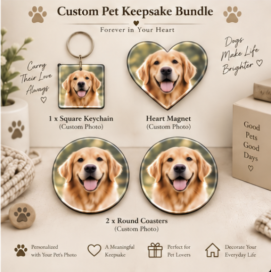 Personalized Pet Lover Gift Box – Keychain + Magnet + Coasters