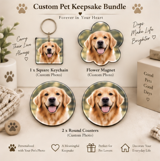 Personalized Pet Lover Gift Box – Keychain + Magnet + Coasters