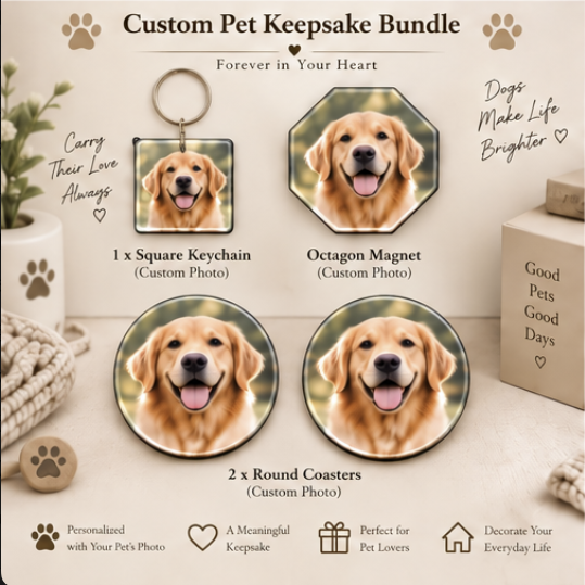 Personalized Pet Lover Gift Box – Keychain + Magnet + Coasters