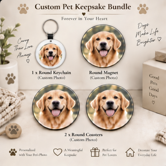Personalized Pet Lover Gift Box – Keychain + Magnet + Coasters