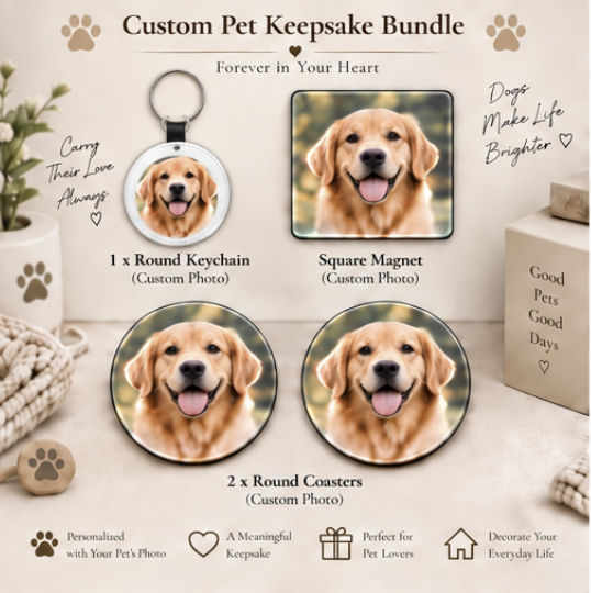 Personalized Pet Lover Gift Box – Keychain + Magnet + Coasters