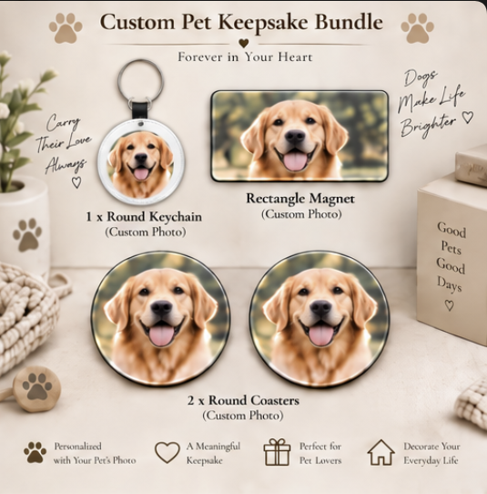 Personalized Pet Lover Gift Box – Keychain + Magnet + Coasters