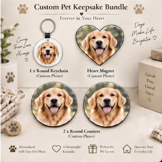Personalized Pet Lover Gift Box – Keychain + Magnet + Coasters