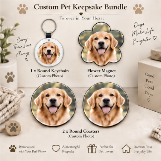 Personalized Pet Lover Gift Box – Keychain + Magnet + Coasters