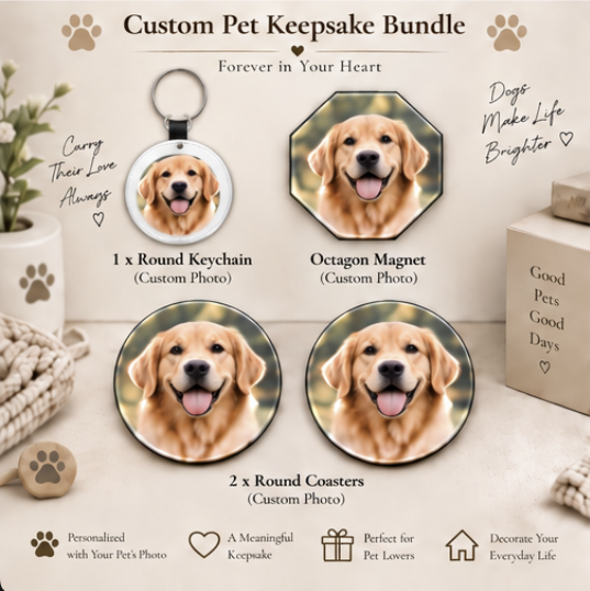 Personalized Pet Lover Gift Box – Keychain + Magnet + Coasters
