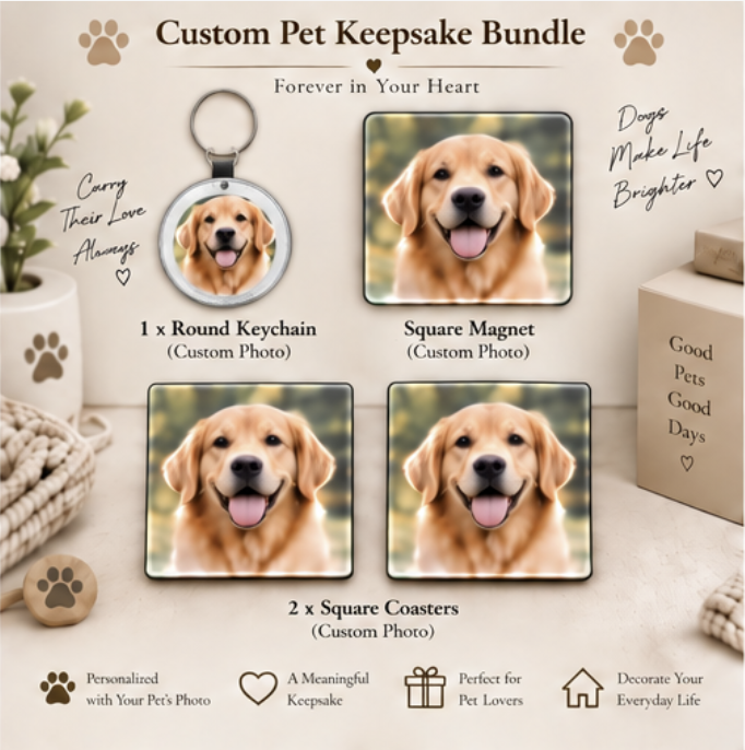Personalized Pet Lover Gift Box – Keychain + Magnet + Coasters