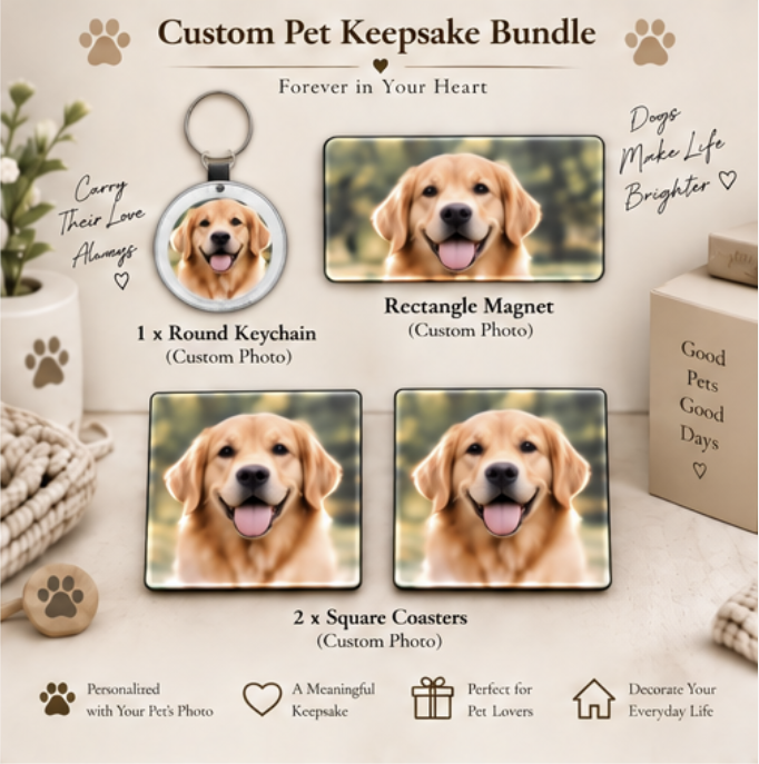 Personalized Pet Lover Gift Box – Keychain + Magnet + Coasters