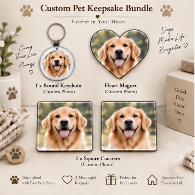 Personalized Pet Lover Gift Box – Keychain + Magnet + Coasters