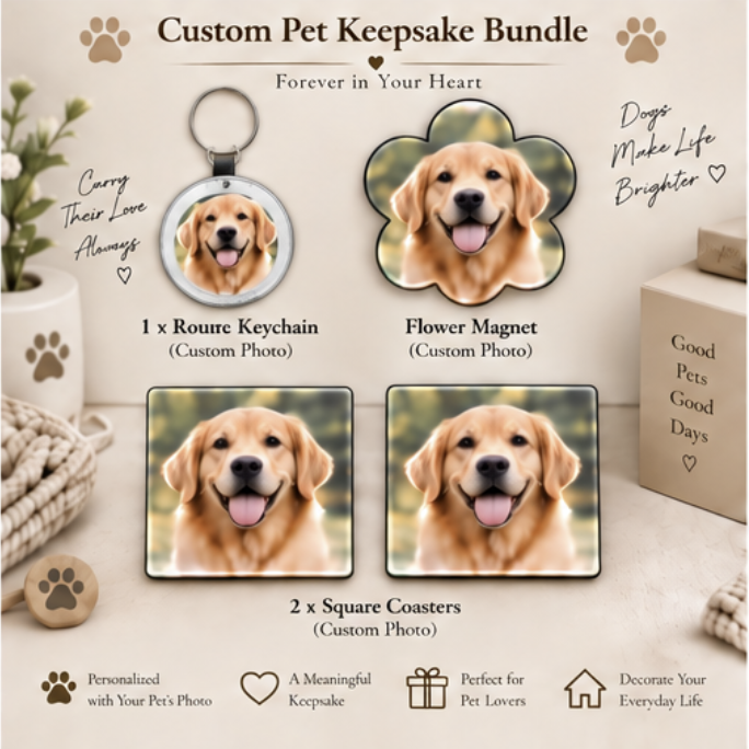 Personalized Pet Lover Gift Box – Keychain + Magnet + Coasters