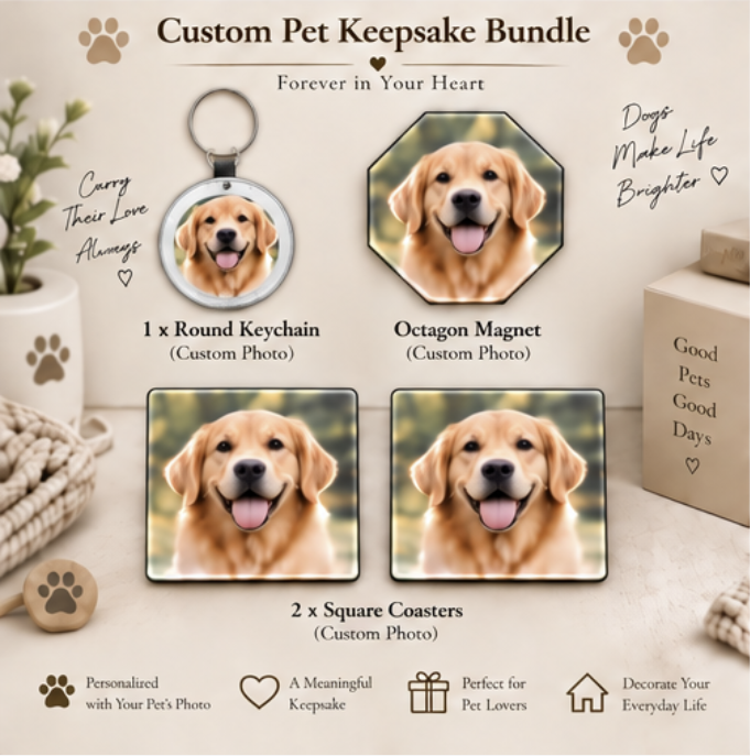 Personalized Pet Lover Gift Box – Keychain + Magnet + Coasters